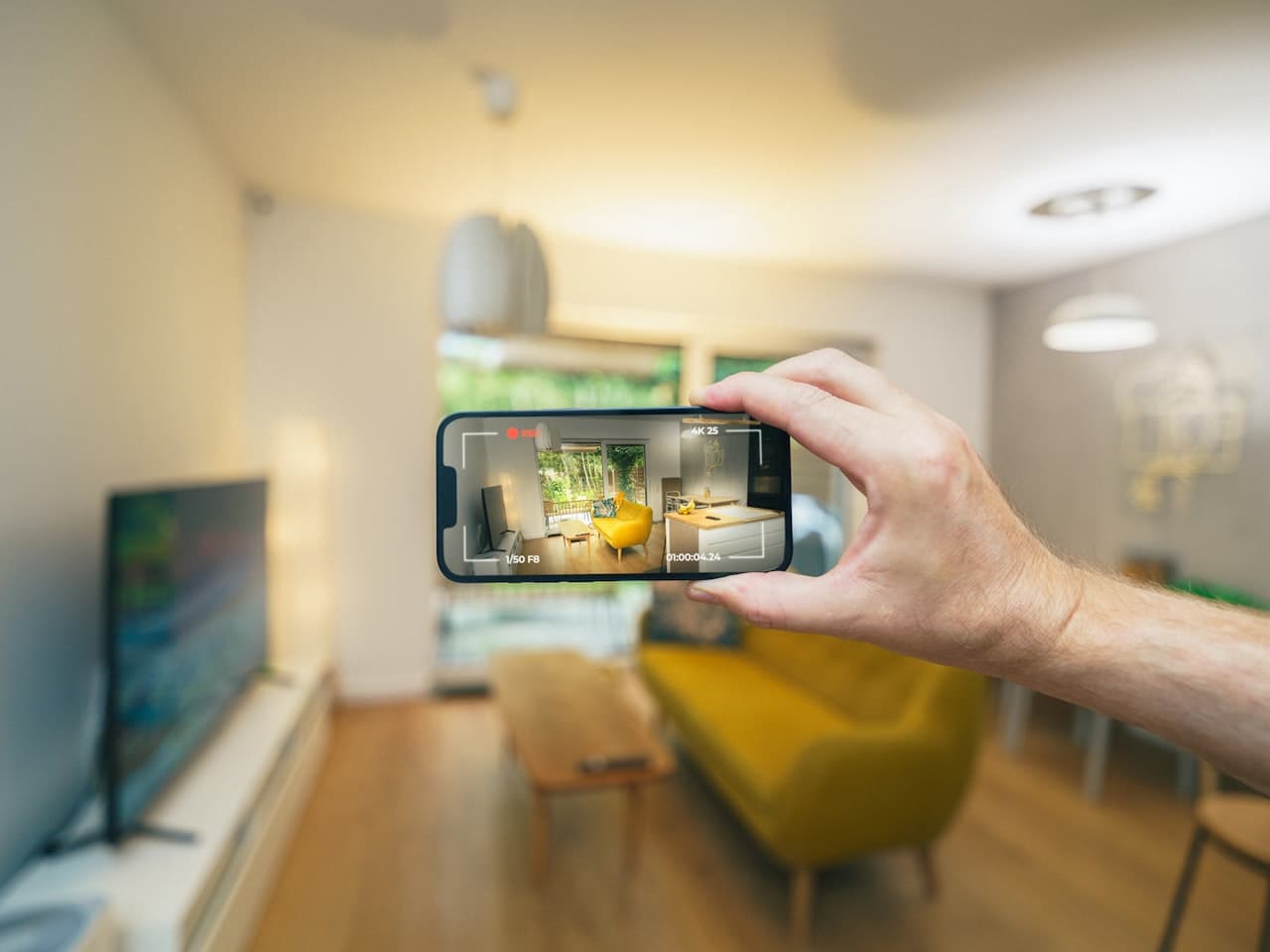 Landlord photographing their living room on a phone to create a listing